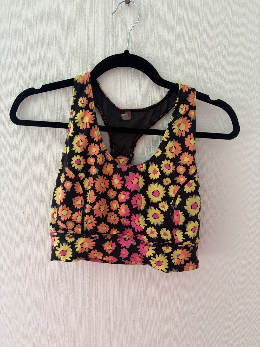 FP Movement Floral Racerback Sports Bra- Black with Pink & Yellow Daisies